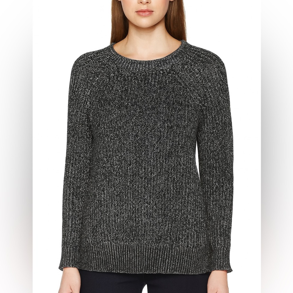 Ellen Tracy Black Marl Knit Sweater Cotton Blend Crew Neck Pullover Womans Small